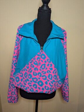 GoldSheep Neon Leopard Quarter Zip Pullover Jacket Retro 80s Pink Blue Size S